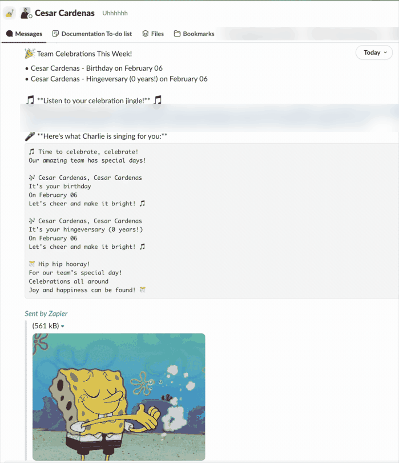 Animated Slack message from the celebration bot announcing a birthday with a custom song and a SpongeBob gif
